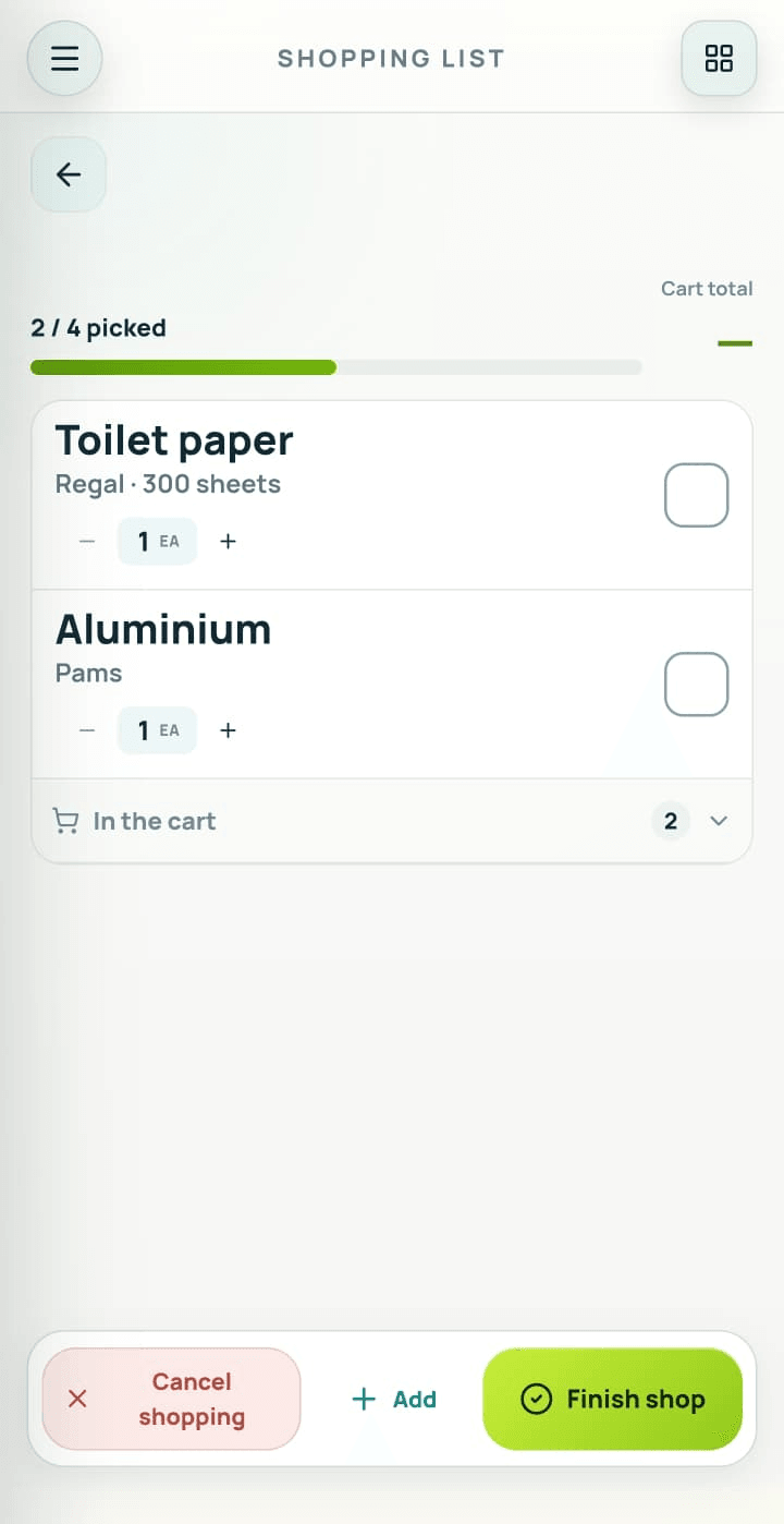 The T-Shop shopping list in shopping mode where no price comparison is available. A progress bar reads "2 / 4 picked" above the two items still to find, Toilet paper and Aluminium, each with a tick box and a quantity stepper. The two already picked are collapsed into a cart group, and the cart total is empty.